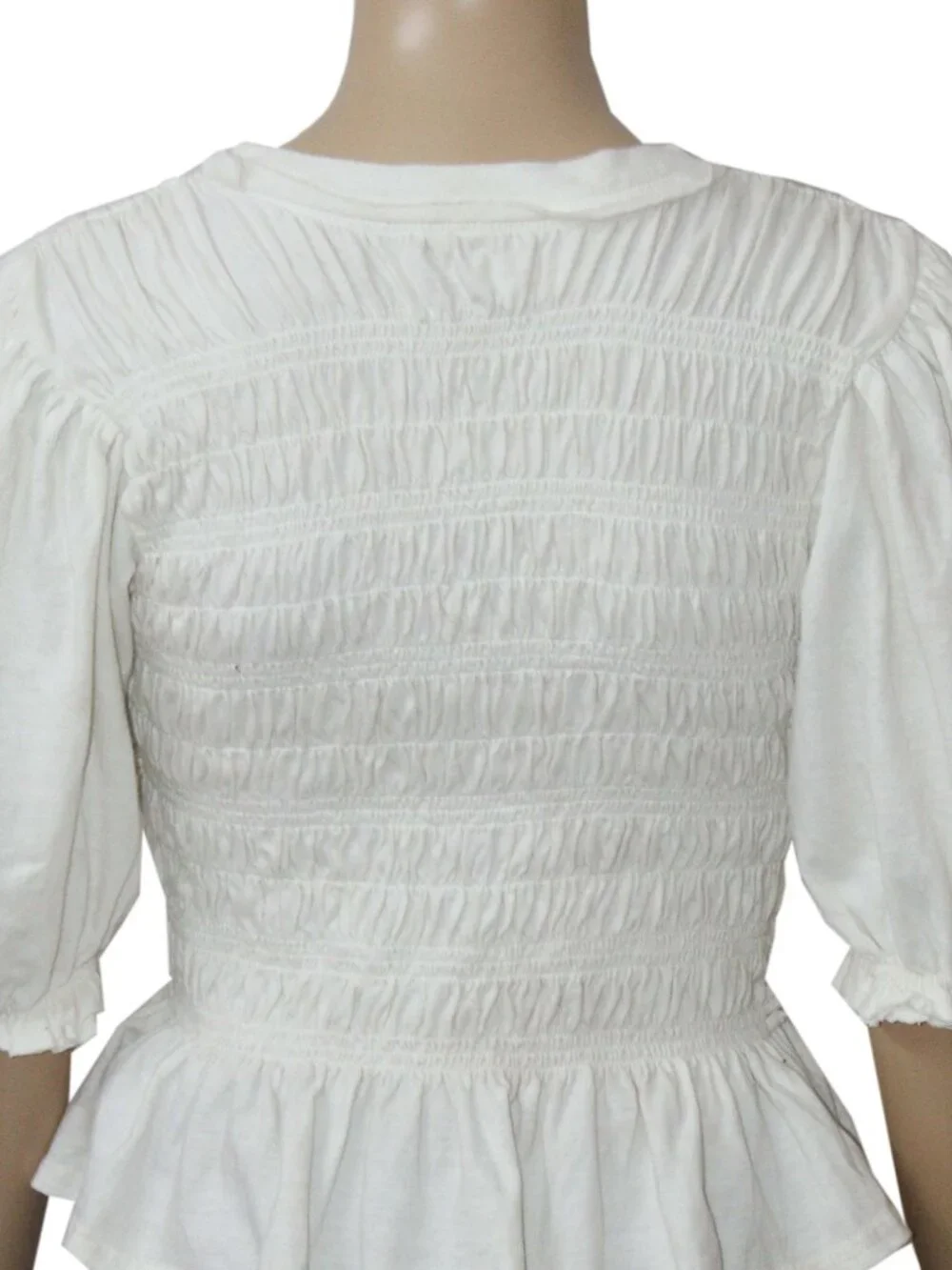 Free People Maxey Knit Top Smocked Cropped Fitted Puff Sleeve Ivory S